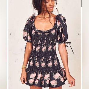 LoveShackFancy Violet Smocked Puff-Sleeve Mini Dress Size S